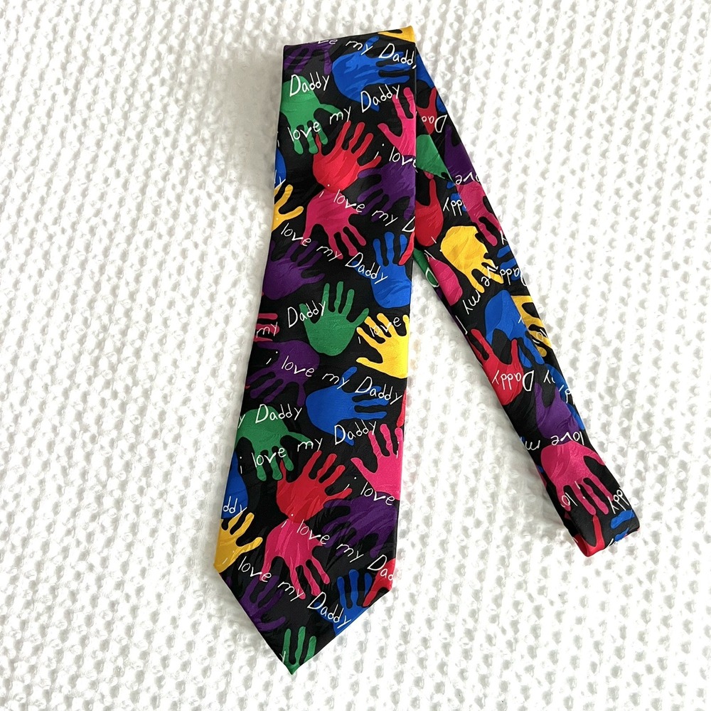 Vintage 90s Colorful Silk Men's Neck Tie Childhood Handprint Ralph Marlin Bright